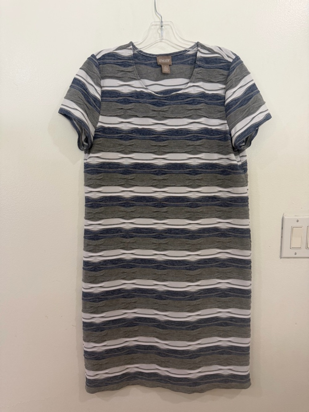 Chico's Navy, Olive & White Striped Knit Shift Dress